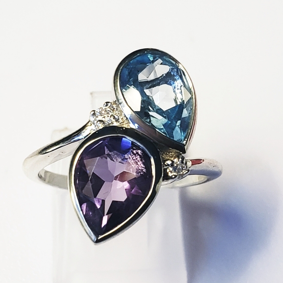 NWT African Amethyst, Sky Blue Topaz and Moissanite Bypass Ring Size 9 - Picture 1 of 13